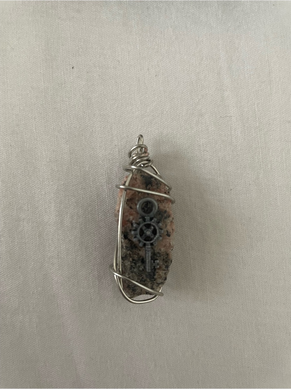 Silver Wire-Wrapped Pink Granite Pendant Necklace with Key Accent
